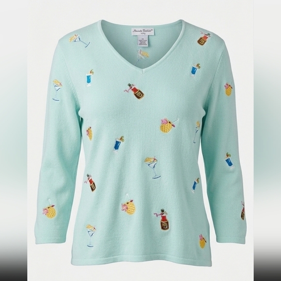 Alexandra Bartlett Tops - Vintage 90s Cocktail Embroidered Sweater Blue Cotton Novelty Bar Knit Martini LP